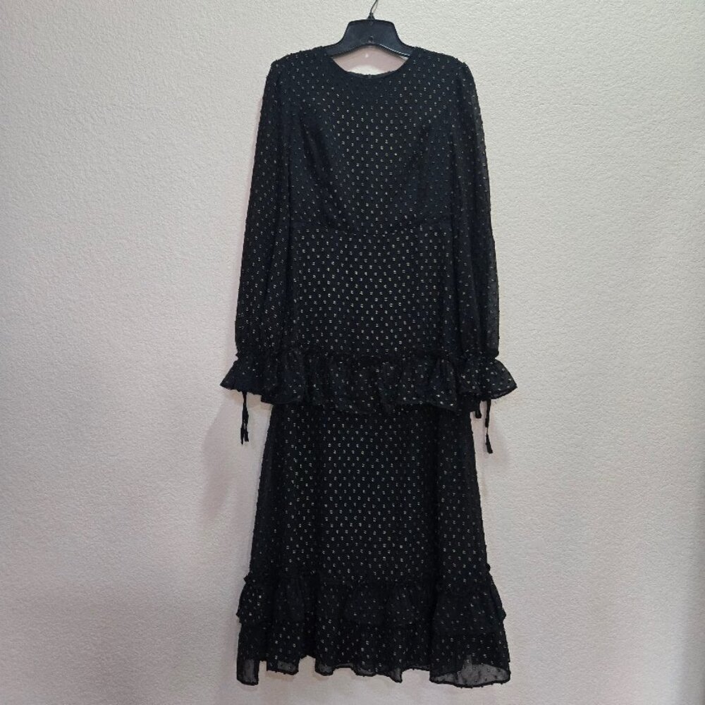 BNWT  endless rose Metallic Dot Long Sleeve Chiffon Midi dress in Black Size S - Picture 4 of 11